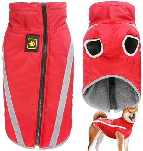 Dolahovy wasserdichte Hundemantel Winter Warme Jacke,Winddichte Haustier Kleidung Hunde Mantel Fleece Jacken Outfit für kleine mittlere große Hunde Weste mit Harness Loch XL-6XL (Rot, XL)