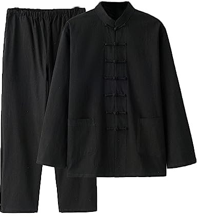 Chinesische Kleidung Tang-Anzug for Herren, traditionelle Kleidung, atmungsaktiv, bequem, Kampfsportanzug, Kung-Fu-Uniform, Baumwolle, Leinen, Tai-Chi-Kleidung, lange Ärmel und Hosen(Black,5XL-6XL)
