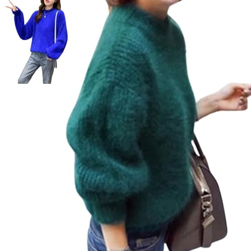 Lady Winter Angora Cashmere Blend Loose Warm Sweater, Solid Color Crewneck Knit Pullover Fluffy Sweater (Green,One Size)