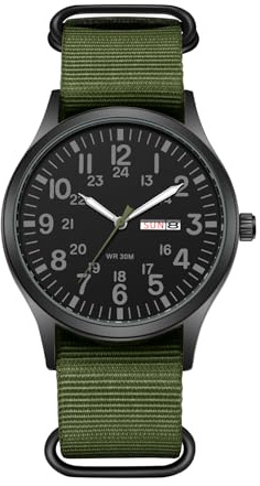 Avaner klockor män taktisk militärklocka: Herrklocka med datum- och veckodagsfunktion nylonarmbandsur med arabiska siffror 24 timmar skala lysande visare analog kvartsur för män, Grön-1, Militär
