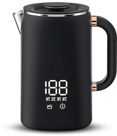 1500W Stainless Steel Digital Display Boiler, 1.7 Liter Large Capacity Electric Kettle, 5 Levels of Temperature Control, Double Layer, for Kitchen Home Office