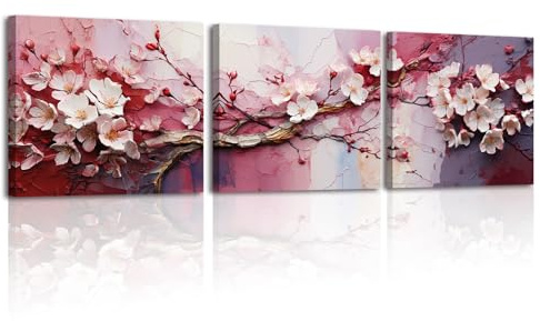 Piy Painting Gemälde Auf Leinwand, Rosa Blume Leinwandbilder, Kirschblüte Gemälde, Romantischer Druck Auf Leinwand Für Schlafzimmer Wohnzimmer Bad Eingang, Set Von 3, 30x30 cm(90x30 cm)