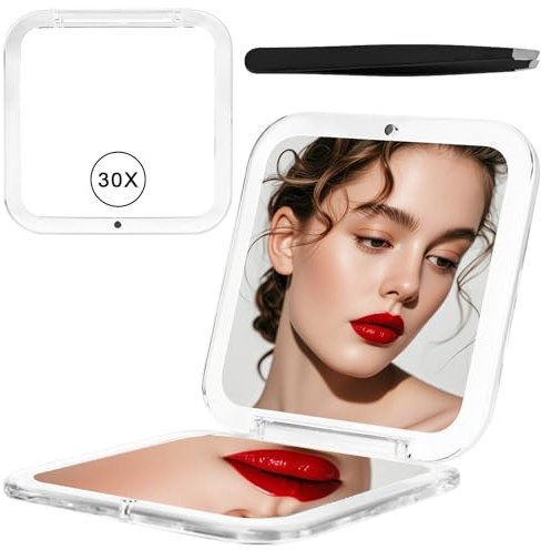 Rzspher Specchio ingranditore 30x, 8,5 x 8,5 cm, pieghevole su entrambi i lati, per trucchi, cura del viso e rasatura