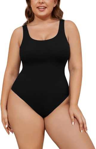 SHEKINI Einteiliger Badeanzug für Damen mit überkreuztem Rücken Bauchkontrolle Übergröße（3XL，Schwarz）