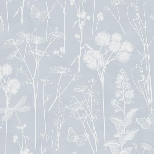 World of Wallpaper Botanical, Matte, Dusky Blue (AF0040) | Easy to apply wallcovering, Feature Wall, Meadow Grasses, Butterflies, Dragonflies, Bedroom (10.05m x 53cm roll)