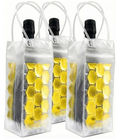 Lot de 3 Sacs Rafraîchisseurs de Bouteille - Seau à Glace Nomade avec Gel Jaune Or - Housse Isotherme Haute (25cm) pour Vin, Champagne & Spiritueux - Idéal Été, Apéro & Cadeau
