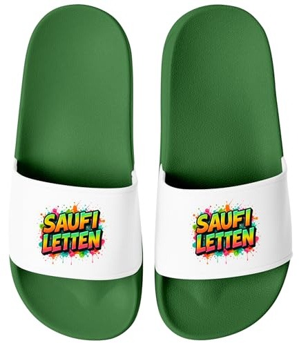 MoonWorks® Badeschlappen Lustig Badelatschen mit Spruch SAUFI LETTEN – Party, Urlaub Malle Festival JGA Gadget – Hausschuhe Herren Unisex Gruen-weiss 41