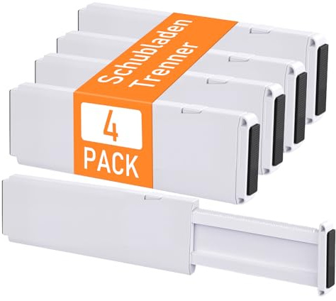 MOFELON 4 Set Schubladentrenner, Schubladentrenner Verstellbar Höhe 10cm Innenlänge 27.5-45.5cm，Schubladen Trenner, Schubladen Organizer Ordnungssystem für Küche, Kleiderschrank, Kommode-Weiß