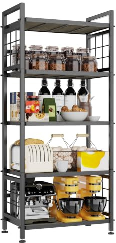GIOTORENT 5-Tier Kitchen Storage with Wooden Boards, Heavy Duty Storage Shelves & Bookshelf, Adjustable Metal Shelving Unit for Garage Kitchen Bathroom Laundry Organizer, 750LB Capacity, Black