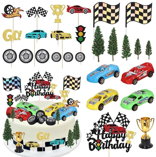 Xsstarmi Racing Car Cake Topper Decorations with Flag Trophy Car Cake Pick for Racing Theme Baby Shower Boy's Kids Birthday Party DIY Cake Decorations Supplies