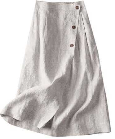 2025 Women's Casual A Line Dress Summer and Linen Medium Length Elastic Waist Large Swing Skirt Half Length Dress (White, M)