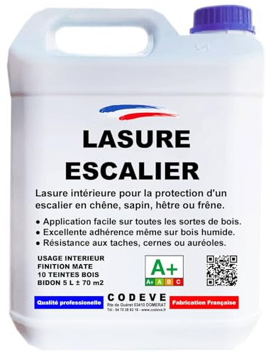Lasure Escalier - Codeve Bois/Chêne - 5L - Intérieur - Pour La Protection D'un Escalier En Chêne, Sapin, Hêtre Ou Frêne.