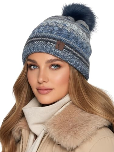 Baesics Bommelmütze Damen Herren Blau - Wintermütze Kunstfell Bommel warm