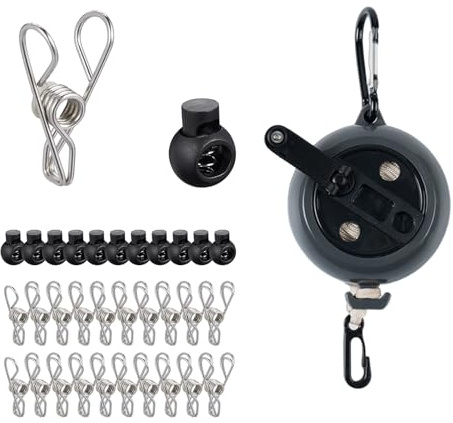QingWing Corde à Linge Rétractable 10 M, Corde à Linge Rétractable Portable avec Manivelle 10 Boucles et 20 Pinces, Clotheslines D'extérieur, Clotheslines de Camping pour Camping Car, Voyage (Noir)