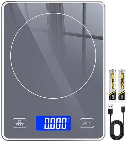 Küchenwaage Digital mit 15 kg Tragkraft, 5 Einheiten in g/ml/fl'oz, Präzise Waage Küche mit Großem Display, Dual Power (USB-C/Batterie), 1g Hochpräzise, Tara, Sicherheitsglas für Backen, Kochen