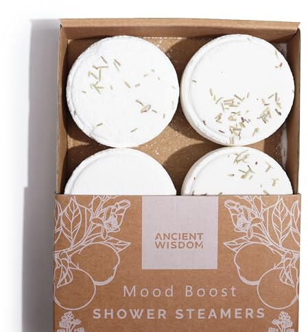 Mood Boost Aromatherapy Shower Steamers, Grapefruit Bergamot Rosemary Lemon Verbena Essential Oils, White Round Tablets, 4 Count Gift Set