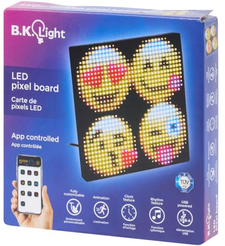 Panneau LED Pixel Art B.K. Light, Affichage Programmable via App, Écran Carré Décoratif, Créez Texte et Animations, Fonction Horloge & Rythme, Alimentation USB, Idéal Setup Gaming, Bureau