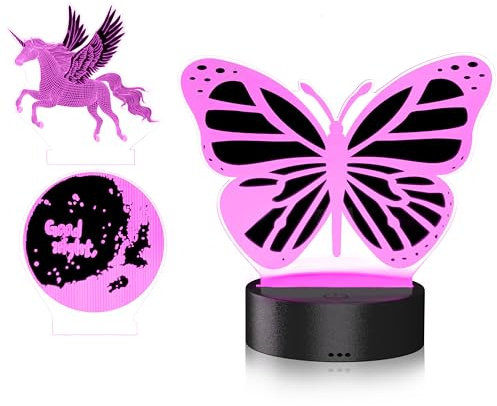 Mybeo - Nachtlicht dimmbar 3D Hologram – Mond Einhorn Schmetterling - Lampe mit 3 Motiven - RGB Farbauswahl – für Kinder – USB-Stromversorgung oder Batterien – mit Fernbedienung – RGB Farbauswahl