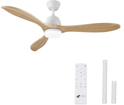 JR BRO Ventilador de Techo con Luz LED Regulable y Mando a Distancia, Motor DC Silencioso de 6 Velocidades,3 Aspas de Madera Maciza 132cm,3 Temperaturas,Temporizador,Ideal para Salón y Dormitorio