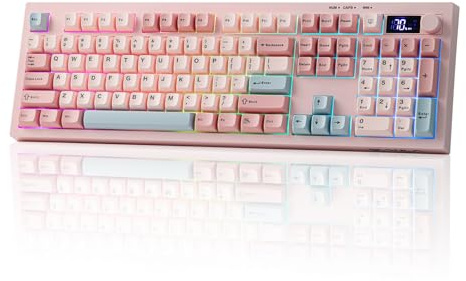 EPOMAKER AULA S102 PRO Membrane Gaming Keyboard with TFT Screen, Volume Knob & Number Pad, BT/2.4G/USB, RGB Backlit, Creamy Silicone Structure, Silent Keyboard for PC Game/Office (Pink)