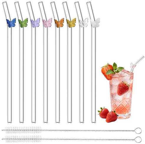8 pajitas de cristal reutilizables, 20 x 8 mm, pajitas de cristal curvadas con 2 cepillos de limpieza, pajitas de cristal con diseño para zumos, cócteles, batidos, leche, café