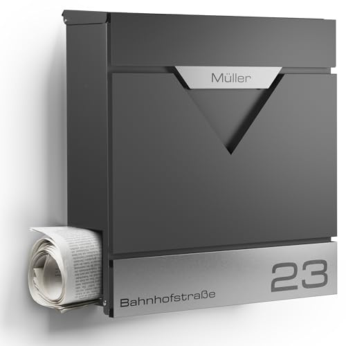 NewHabitat - Briefkasten Venedig personalisiert - Anthrazit RAL 7016 | Wandbriefkasten Edelstahl personalisierbar mit Zeitungsfach, Namensschild- & Hausnummer-Gravur, rostfrei & UV-beständig