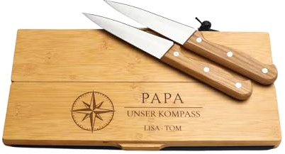 Personalisiertes Schneidebrett mit Messerset Geschenk für Papa mit Gravur & Kindernamen Klappbares Bambus Brett mit 2 Edelstahl Messern Vatertag Geschenk Papa