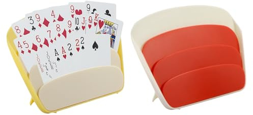 UIHRLM 2PCS Playing Card Holder, 3 Layers Design Card Game Holders, Standing Fan Shaped Playing Card Storage Box Hands Free Game Accessories for Adults Poker Uno Dos Canasta Bridge (Yellow+Red)