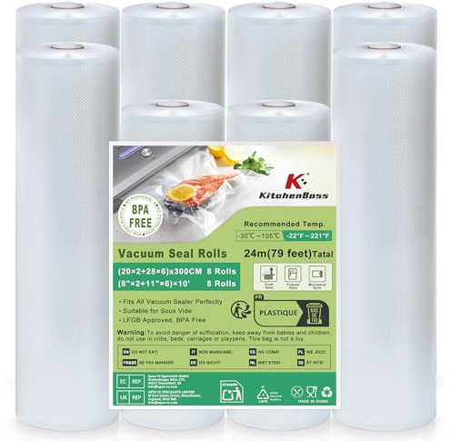 KitchenBoss Bolsas de Vacío para Alimentos 8 Rollos 20x2/28x6 x 300cm, Goffradas Sin BPA - Rollos Envasadora al Vacío para Congelador Sous Vide y Cocina Doméstica