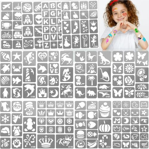 Plantillas Tatuajes Temporales, 12 Hojas (13.5x17.5cm) Plantillas Pintacaras Infantil y Adultos, Reutilizables para Henna, Tatuajes de Purpurina, Pintura Corporal y Fiestas