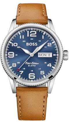 BOSS Analogue Quartz Watch for Men PILOT VINTAGE Collection with Light Brown Leather Strap - 1513331