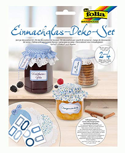 folia 30303 - Einmachglas Dekorationsset, 13 teiliges Set zum Verzieren von Einmachgläsern mit Etiketten, Deckchen und Anhängern in den Farben hellblau/dunkelblau, zum anschließenden Verschenken