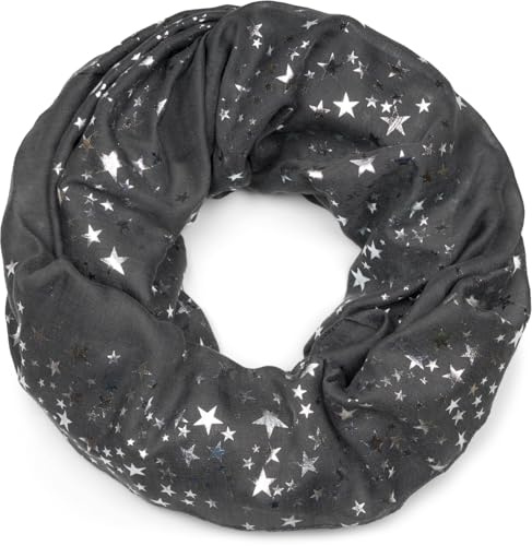 styleBREAKER Damhalsduk med metalliska stjärnor tryck | glitter tubhalsduk ca 89 x 75 cm | Lätt rund halsduk för vår och höst, Mörkgrå, En Storlek