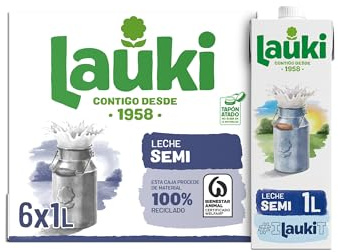 Lauki - Leche Semidesnatada de Bienestar Animal - Sin Azúcar Añadido y Sin Gluten - Brik UHT Pack 6 x 1L