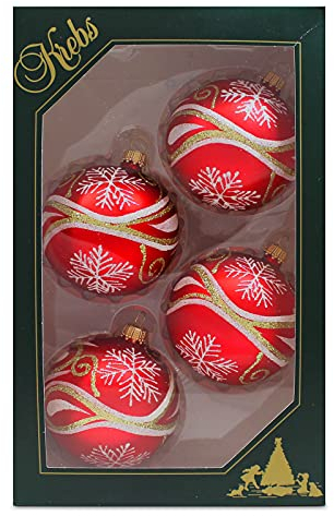 Krebs Glas Lauscha - 4 Christbaumkugeln - Rot mit Gold-Weißen Kringeln und Schneeflocken - Größe ca. 7 cm