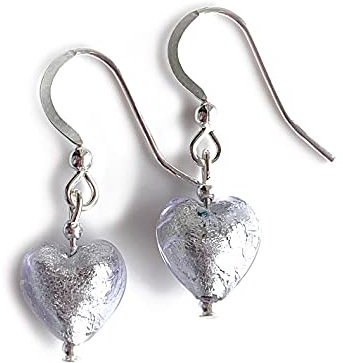 Diana Ingram earrings with lilac (purple) Murano glass mini heart drops on Sterling Silver or 22 Carat gold vermeil hooks