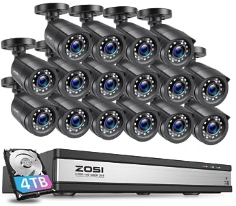 ZOSI 16Pcs CCTV Security Camera System, 2MP Home Wired CCTV Camera Outdoor | 16CH DVR System 4TB Hard Drive, 1080P HD Surveillance CCTV Camera IP66 Waterproof, 80ft IR Night Vision, Human/Vehicle Detect