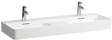 LAUFEN VAL Doppelwaschtisch, 3 Hahnlöcher, mit Überlauf, 1200x420mm, semi-trockener Bereich mittig, H8142820001081, Farbe: Weiß