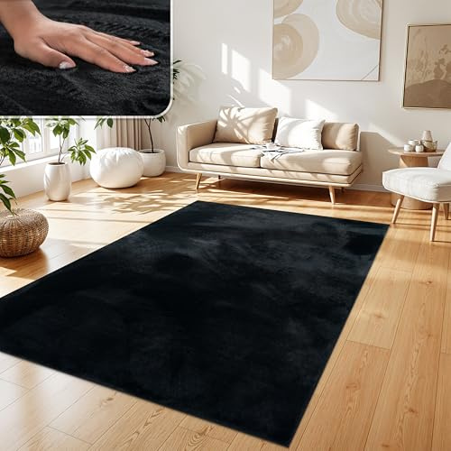 Paco Home Matta Vardagsrum Konstfäll Plysch Ryamatta Mjuk Tvättbar, Storlek:200x280 cm, Färg:Svart