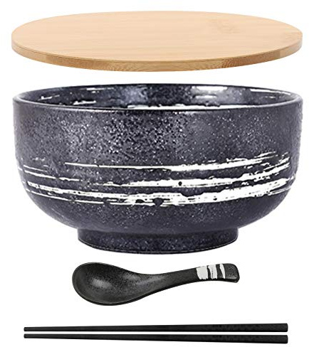 MUXUE Japanische Ramen Vintage Schüssel mit Deckellöffel Ramenschale aus Keramik Handgezeichnete Reisschale Nudelschüssel Instant Nudeln 6,5 Zoll