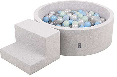 KiddyMoon Skumlekplats för barn med runt bollhav (100 bollar). Hinderbana, ljusgrå: pärlfärgad/grå/transparent/babyblå/mint