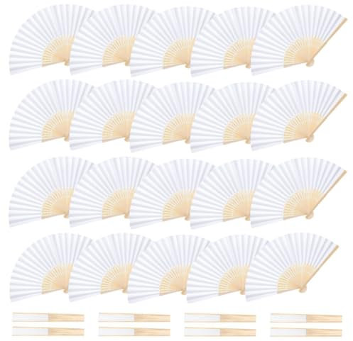 QIGEN LTD 20 Pcs Hand Held Folding Fan - White Chinese Wooden Fabric Paper Folding Handheld Fan for Women, Bamboo and Wooden Hand Held Folding Fan for Wedding Party Dancing Home Decoration
