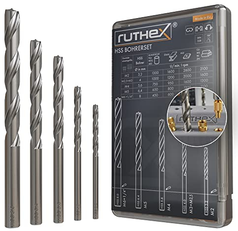 ruthex HSS Bohrerset für Gewindeeinsätze - M2, M2,5, M3, M4, M5, M6 & 1/4 - Bohren in Kunststoff, PLA, PETG, uvm. - 3,2 + 4 + 5,6 + 6,4 + 8mm Ø
