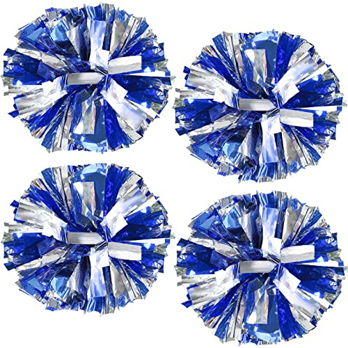 4Pcs Upgraded 12inch Metallic Cheerleading Pom Poms, HOLENGS Cheerleader Pompoms Cheer Poms for Kids Adults, Cheering Squad Pompoms for School Sports Games Dance Party (Blue and Silver)