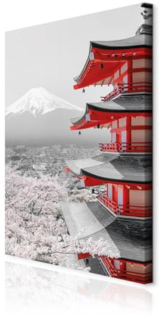 decomonkey Bilder Architektur Landschaft 40x60 cm 1 Teilig Leinwandbilder Bild auf Leinwand Vlies Wandbild Kunstdruck Wanddeko Wand Wohnzimmer Wanddekoration Deko Japan Gebirge Kirschbaum Rot Grau
