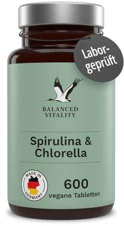 Spirulina und Chlorella 1600 mg - 600 vegane Presslinge für 2,5 Monate - Mikroalgen ohne Zusatzstoffe - Laborgeprüft - Balanced Vitality