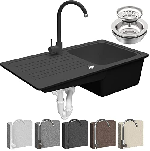 Aquamarin® Fregadero de Cocina - de Granito, 1 Seno, con Sifón, Grifo, Escurridor Reversible y Set de Desagüe, Integrado o Empotrado, Color y Tamaño a Elegir - Lavabo de Cocina (57 x 45 cm, Marrón)