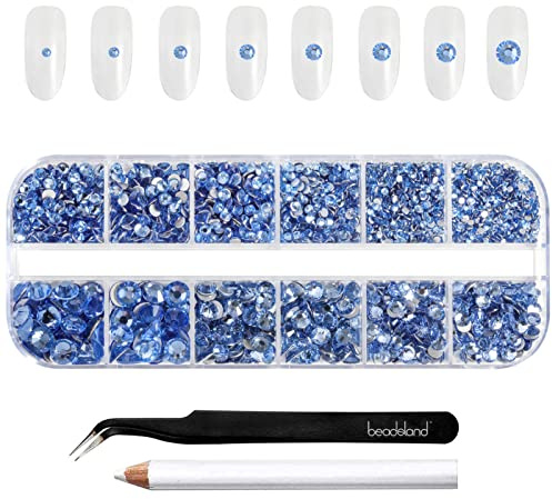 Beadsland Strasssteine für Nägel,Hellblau,6 Größen Gemischt,2500 Stk | Blaue Strasssteine Kit,SS4-SS30,Glasmaterial,zum Basteln,Gesicht Edelsteine,mit Picking-Pinzette und Wachsstift