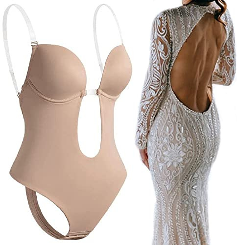 Backless Body Shaper Bra for Women, Women U Plunge Body Shaper, Clear Straps Shapewear, Deep V Clothes Under (Medium,Skin)