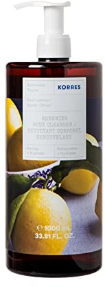 KORRES Gel de ducha revitalizante Basil Lemon en tamaño XXL, con delicioso aroma de albahaca fresca y acorde cítricos espumoso, tamaño jumbo, vegano, 1 litro